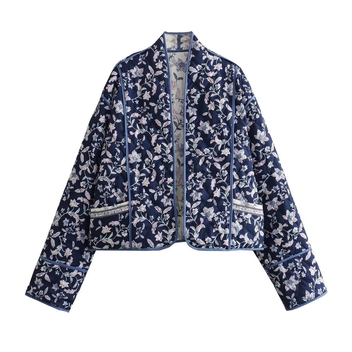 Damen gesteppte Kimono-Jacke mit floralem Allover‑Muster und kontrastierender Paspelierung Drune