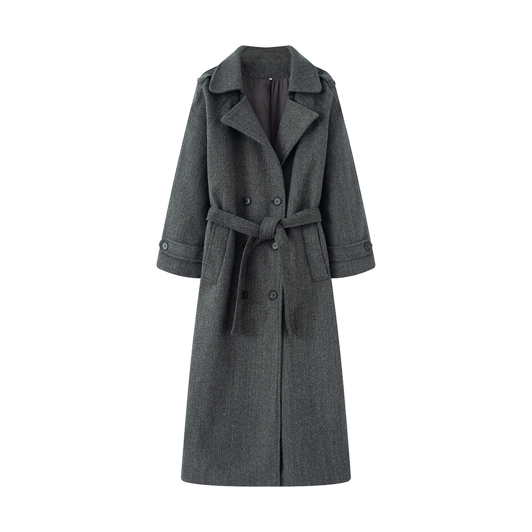Damen nan langer Wollmix-Trenchcoat mit Schalkragen Taillengürtel und doppelreihiger Knopfleiste Drune