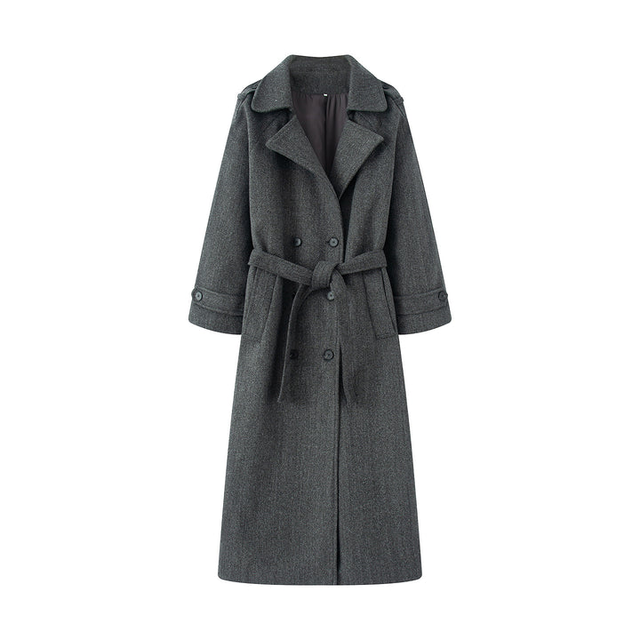 Damen nan langer Wollmix-Trenchcoat mit Schalkragen Taillengürtel und doppelreihiger Knopfleiste Drune