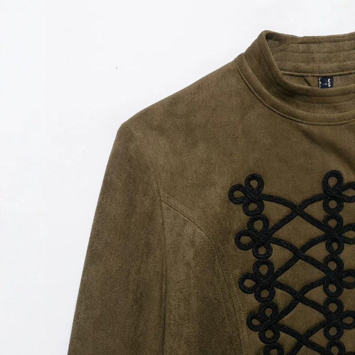 Damen Taillierter Cropped‑Veloursleder‑Blouson mit militärischer Kordelapplikation und Stehkragen Drune