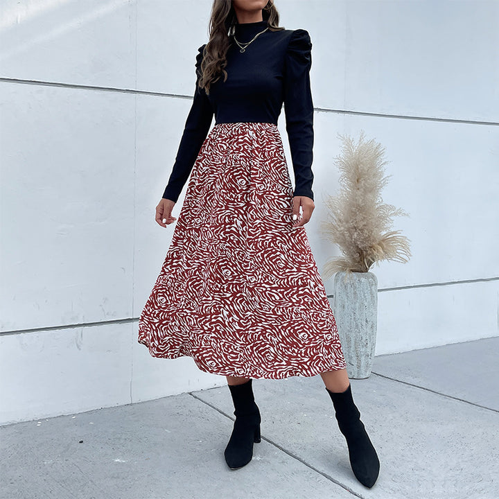 Damen A-Linien-Midirock mit hohem Bund, fließender Silhouette und abstraktem Print Drune