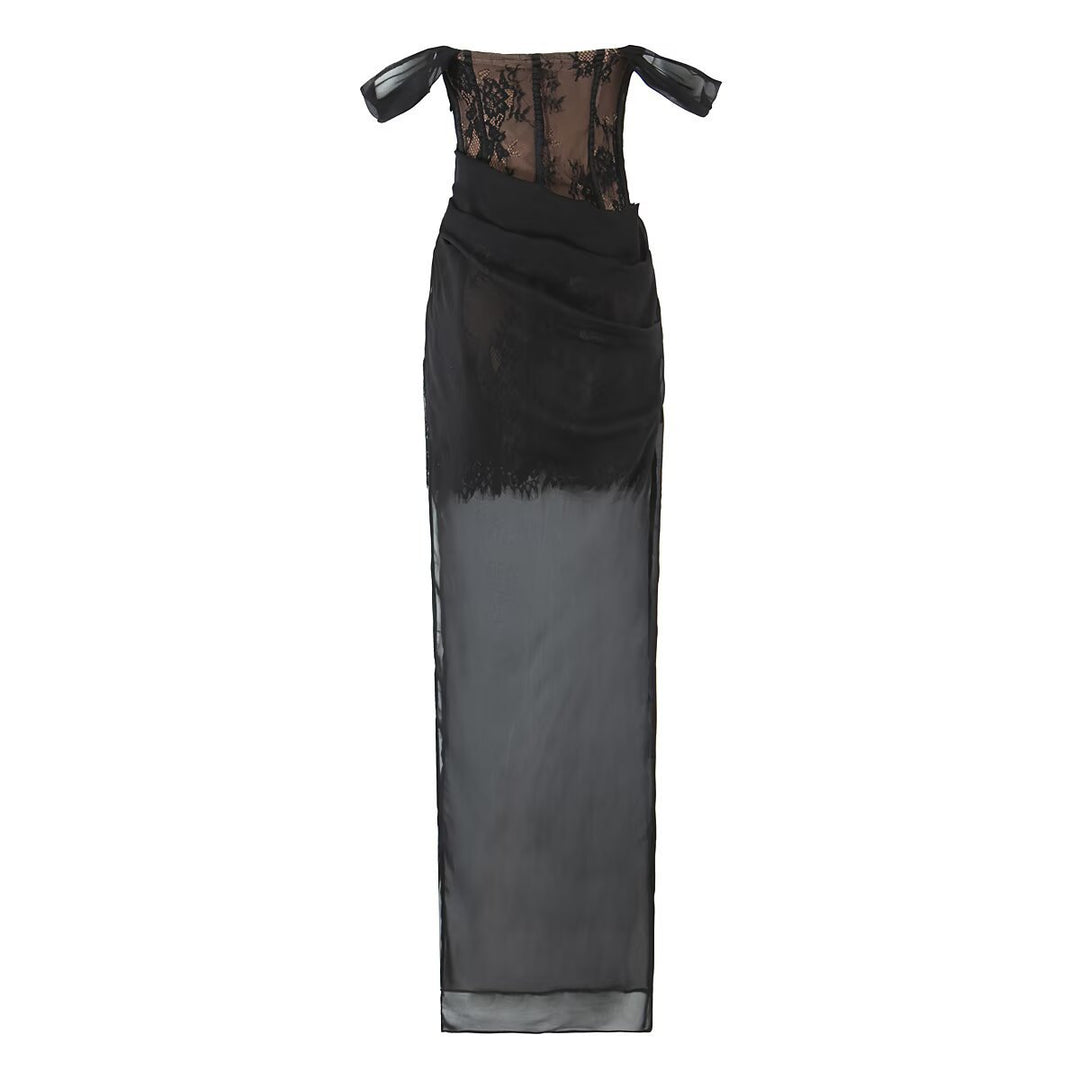 Damen aufwendiges Spitzenkleid mit eleganten Rüschendetails Drune