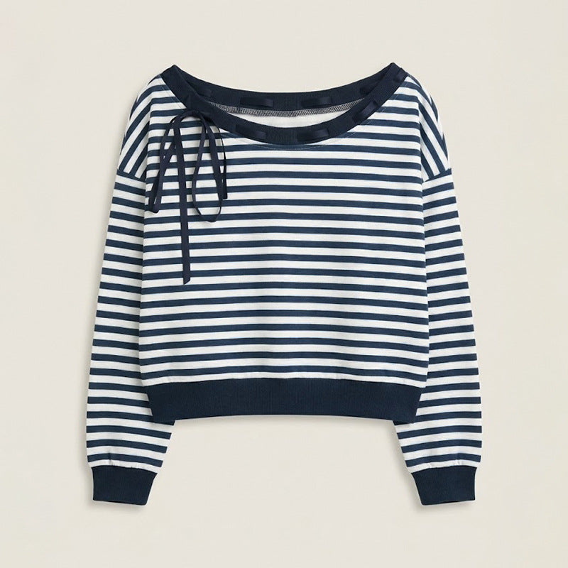 Damen Oversize-Sweatshirt im Marinelook mit Off-Shoulder, Knopfleiste und Satinschleifen Drune
