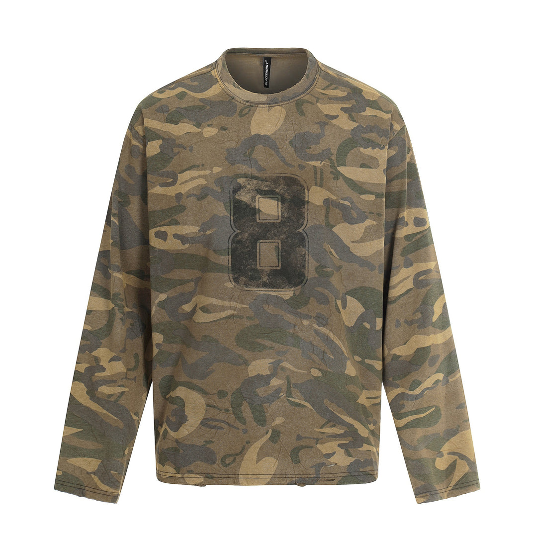 Herren Camouflage-Langarmshirt im Used-Look mit Rundhalsausschnitt und Vintage-Print Drune