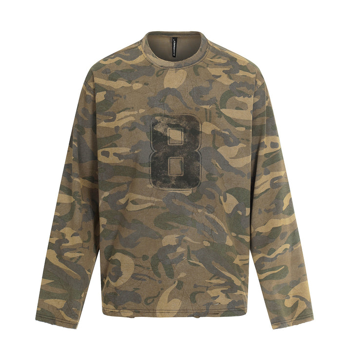 Herren Camouflage-Langarmshirt im Used-Look mit Rundhalsausschnitt und Vintage-Print Drune