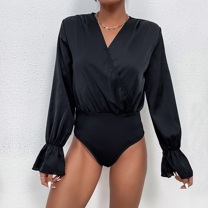 Damen Satin-Body mit Wickeloptik, V-Ausschnitt, elastischer Taillenpartie und Volantärmeln Drune