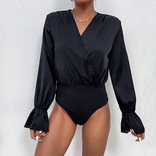 Damen Satin-Body mit Wickeloptik, V-Ausschnitt, elastischer Taillenpartie und Volantärmeln Drune