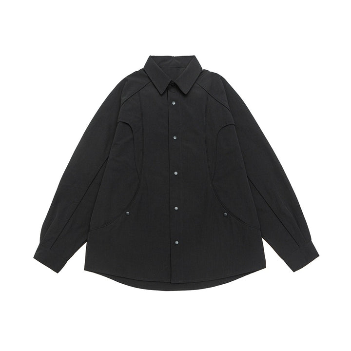 Damen Oversize-Hemdjacke mit geschwungener Teilnaht und Druckknopfleiste Drune