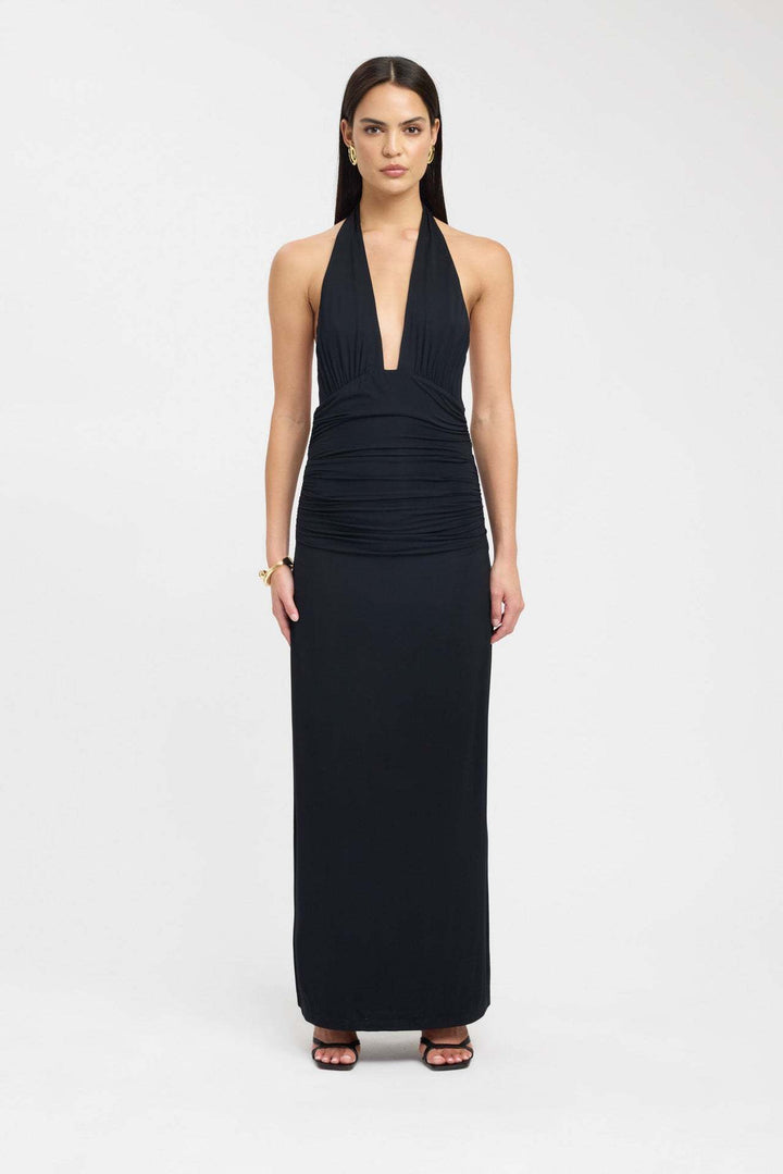 Damen Maxikleid mit tiefem V-Ausschnitt und figurbetonendem Design Drune