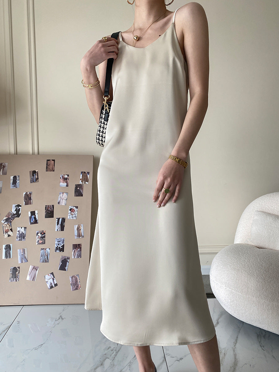 Damen elegantes Maxikleid mit dünnen Spaghettiträgern und fließendem Schnitt Drune