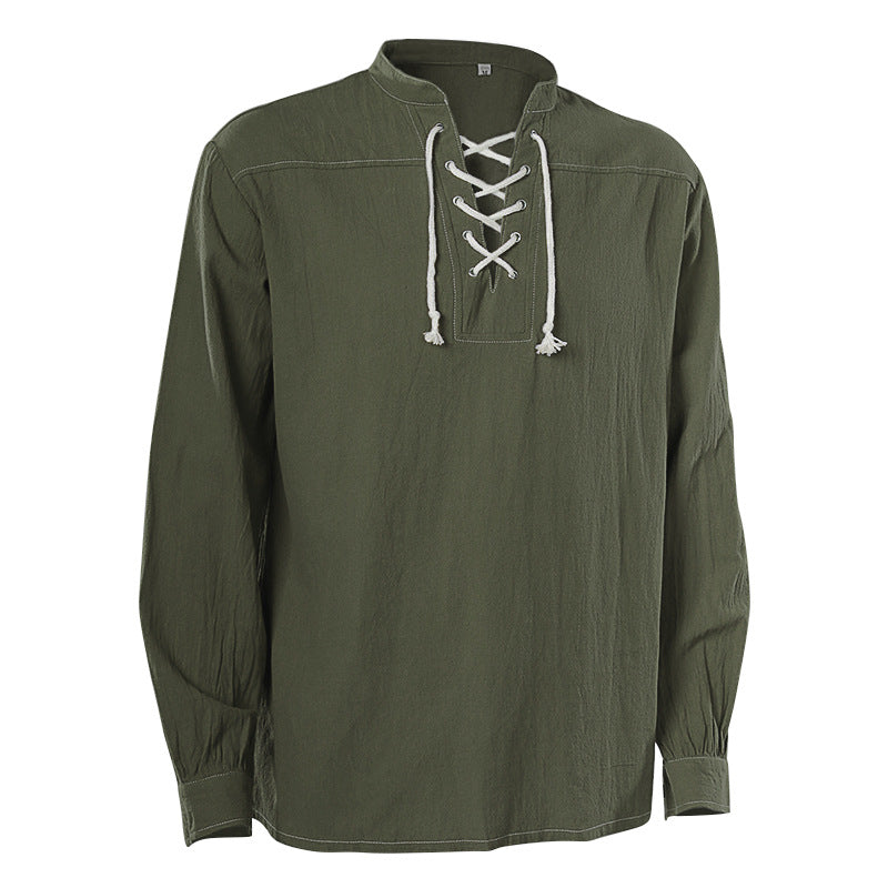 Herren nan lässiges Kurzarmshirt mit geschnürter V-Kehle, kurzem Stehkragen und weichem Baumwollmix Drune