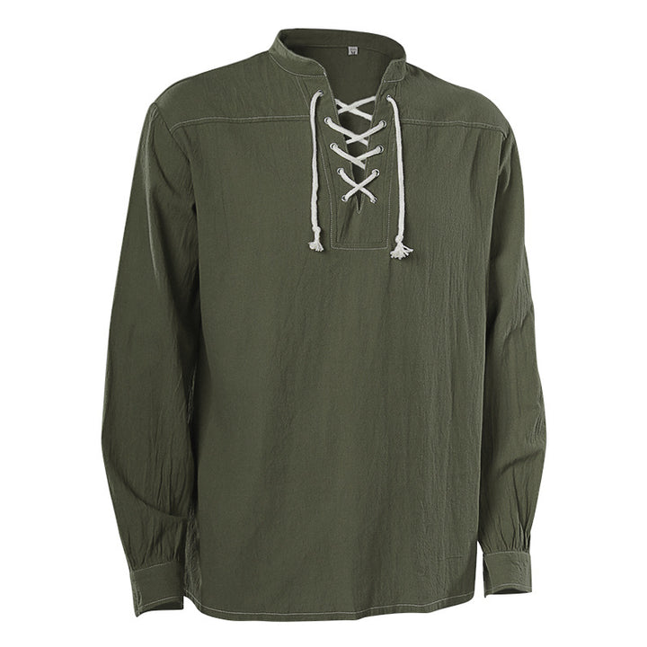Herren nan lässiges Kurzarmshirt mit geschnürter V-Kehle, kurzem Stehkragen und weichem Baumwollmix Drune