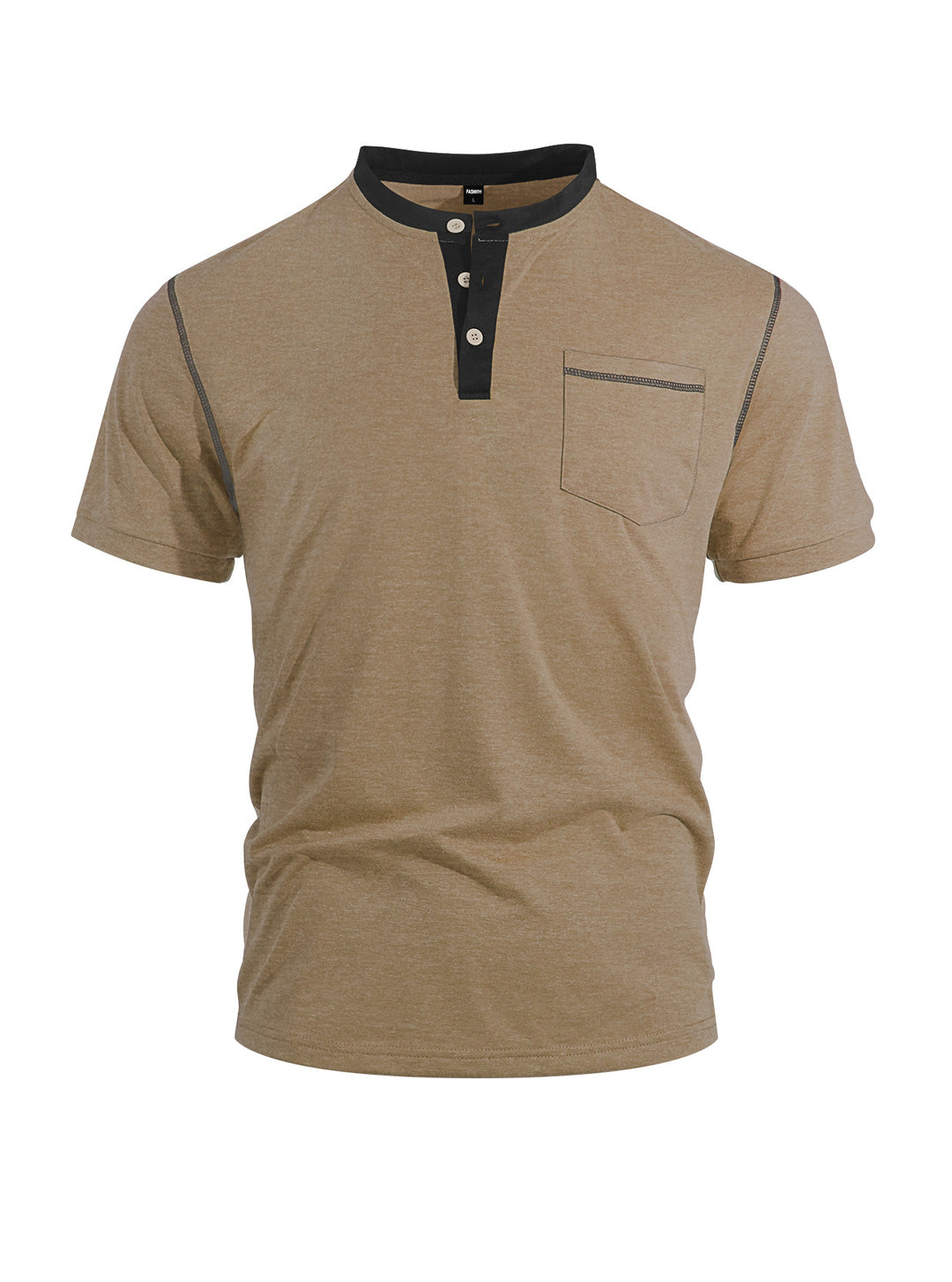 Herren nan legeres Kurzarm-Bandkragenshirt mit Knopfleiste Brusttasche und Flatlocknähten Drune