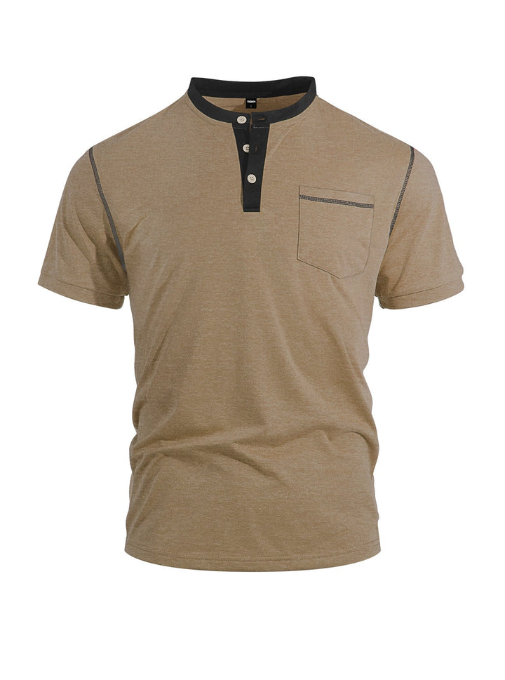 Herren nan legeres Kurzarm-Bandkragenshirt mit Knopfleiste Brusttasche und Flatlocknähten Drune