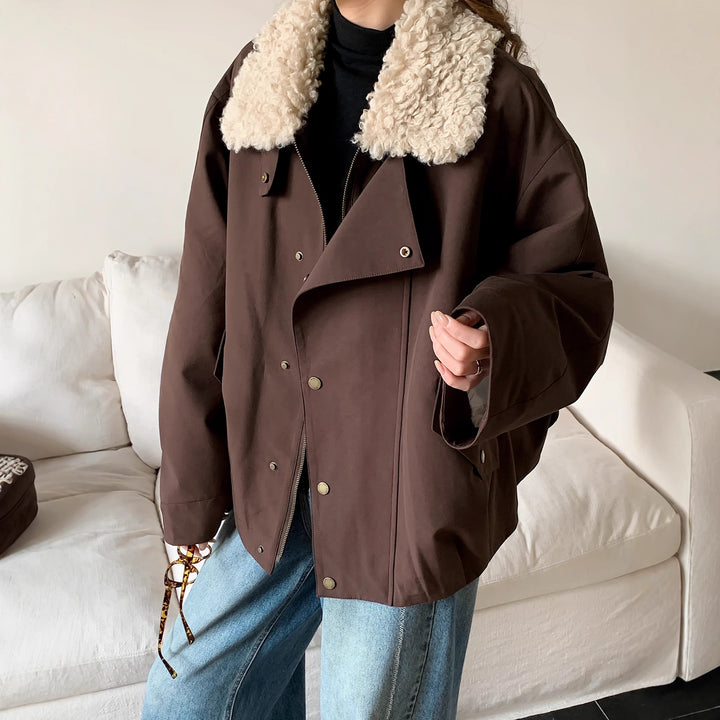 Damen Oversize-Utilityjacke mit hohem Teddykragen und Druckknopfleiste Drune