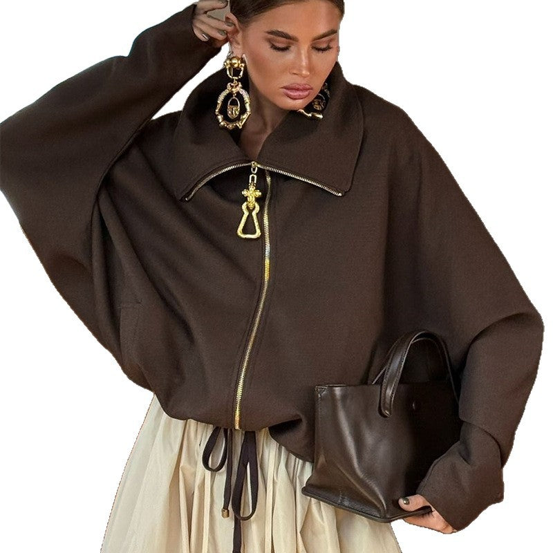 Damen Lässige Oversize-Jacke mit hohem Kragen und Reißverschluss Drune