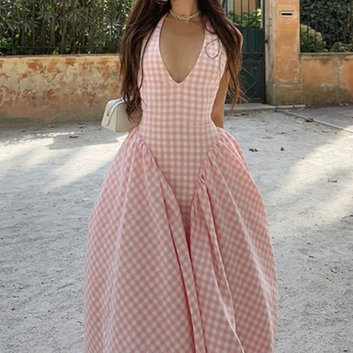 Damen Maxikleid mit V-Ausschnitt und schwingendem Rock Drune