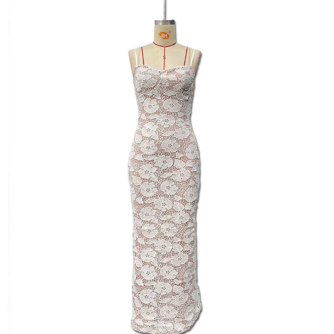 Damen Elegantes figurbetontes Spitzenmaxikleid mit schmalen Trägern Drune