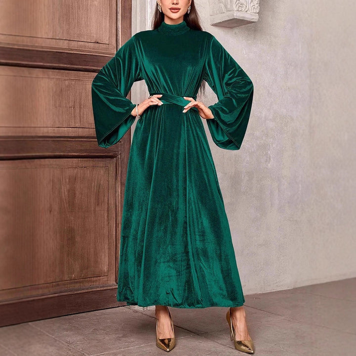 Damen Maxikleid aus Samt mit Stehkragen, weitem Glockenärmel und Taillengürtel Drune