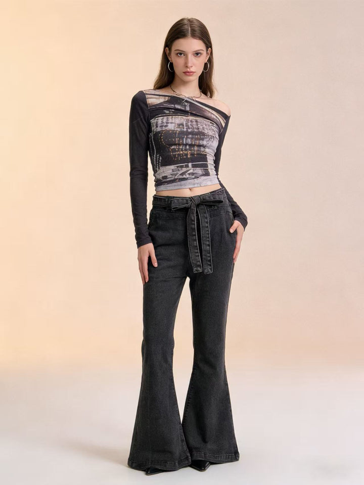 Damen nan High‑Waist Denimhose mit Schleifenbund, hoher Taille und weitem Schlag Drune