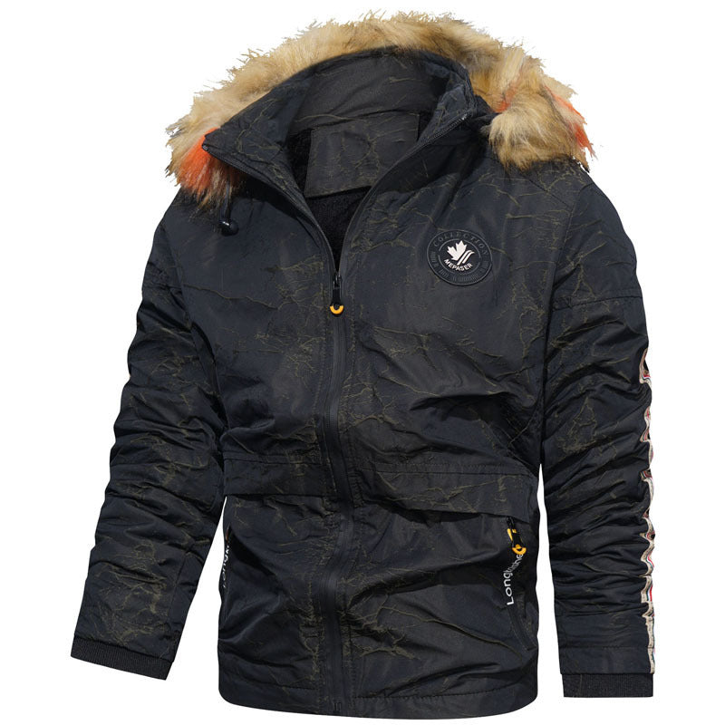 Herren wattierte Kapuzenjacke im Fieldparka-Stil mit Kunstfellbesatz und Ärmel-Stripe Drune