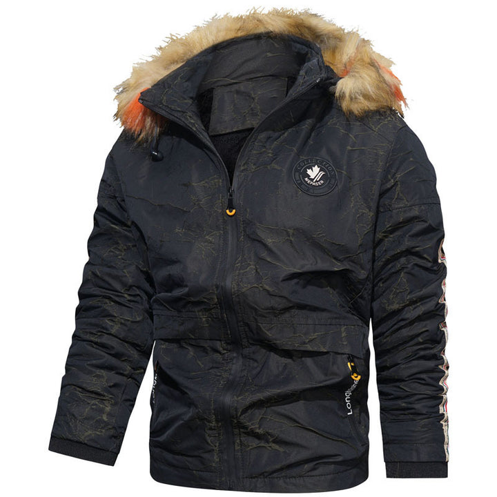 Herren wattierte Kapuzenjacke im Fieldparka-Stil mit Kunstfellbesatz und Ärmel-Stripe Drune