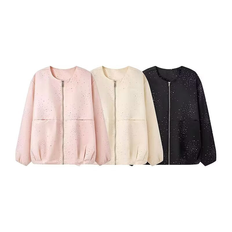 Damen Boxy‑Blouson mit Rundhals, Metallreißverschluss und dezentem Glitzerbesatz Drune