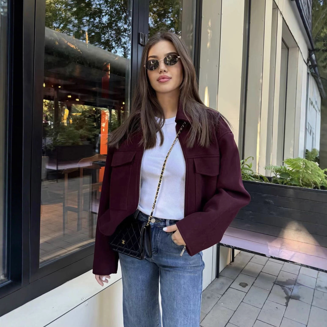 Damen Cropped-Hemdjacke aus Bouclé mit Boxy-Schnitt und Fronttaschen Drune