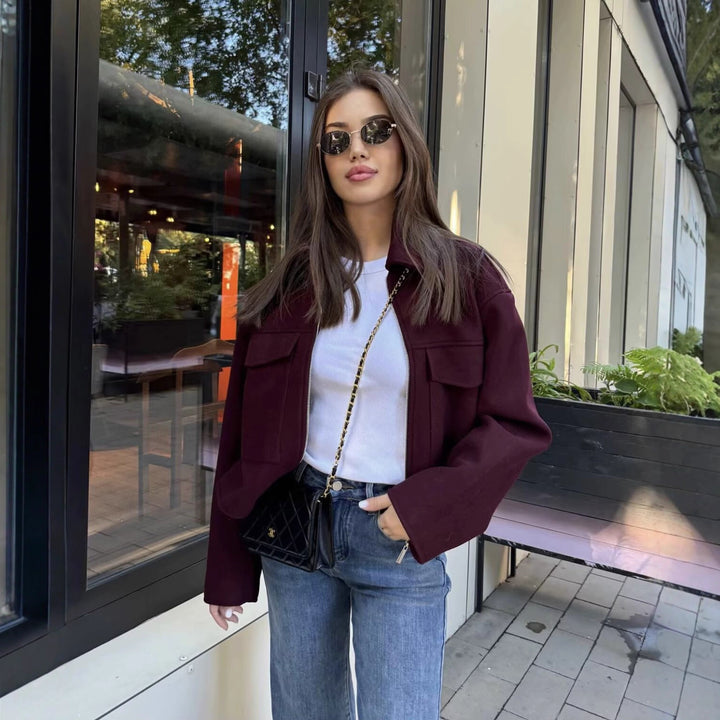 Damen Cropped-Hemdjacke aus Bouclé mit Boxy-Schnitt und Fronttaschen Drune