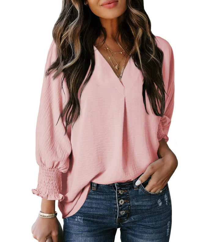 Damen V-Ausschnitt Bluse mit elastischen Ärmelbünden Drune