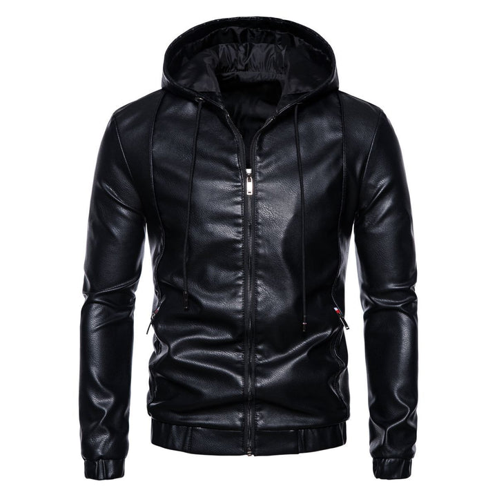 Herren Kapuzen-Lederjacke im Bikerstil mit Reißverschluss und schmaler Silhouette Drune