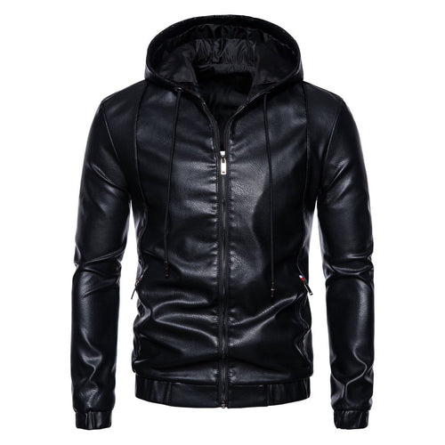 Herren Kapuzen-Lederjacke im Bikerstil mit Reißverschluss und schmaler Silhouette Drune