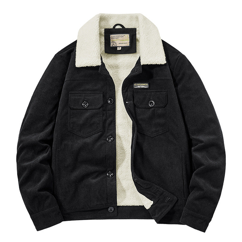 Herren Cord-Workjacke mit Sherpa-Innenfutter, Reverskragen und Druckknopfleiste Drune