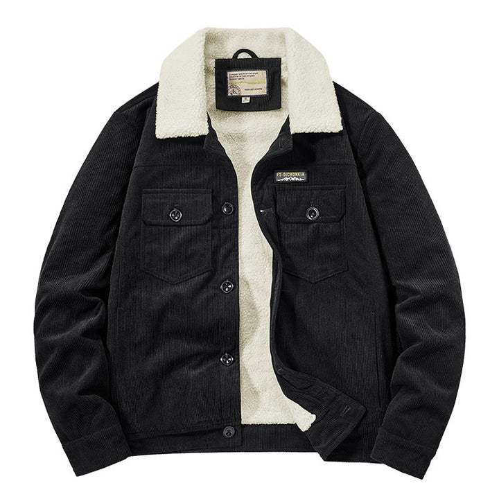 Herren Cord-Workjacke mit Sherpa-Innenfutter, Reverskragen und Druckknopfleiste Drune