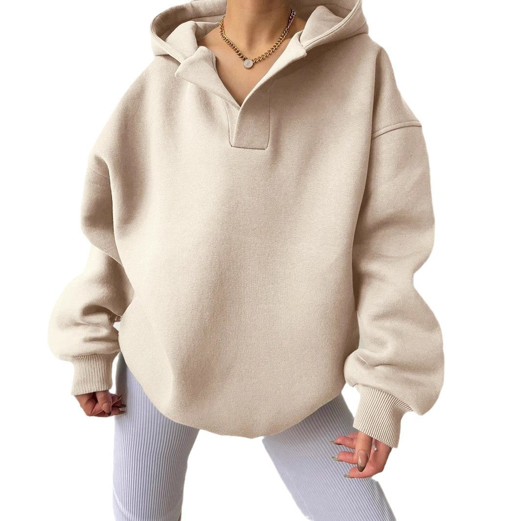 Damen Oversize-Kapuzenpullover mit V-Öffnung, tiefer Schulternaht und gerippten Bündchen Drune
