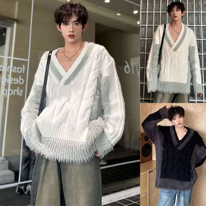 Herren Luxuriöser Grobstrickpullover mit tiefem V-Ausschnitt Drune