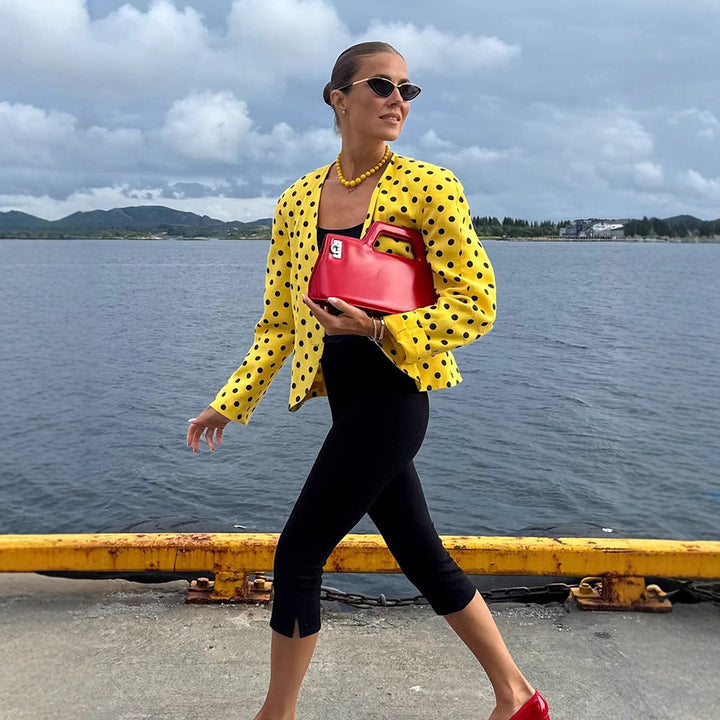 Damen Kurzblazer im Vintage-Punktmuster, Boxy-Cut & leichtem Leinenmix Drune