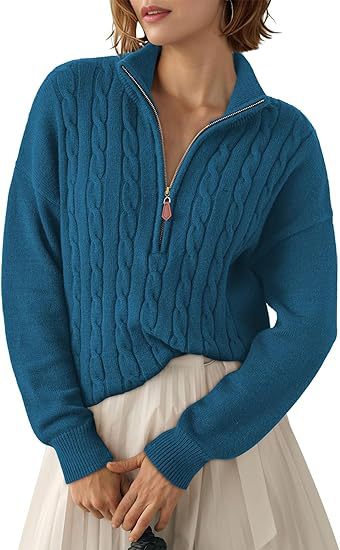Damen Grobstrick Pullover mit Stehkragen und halbem Reißverschluss Drune