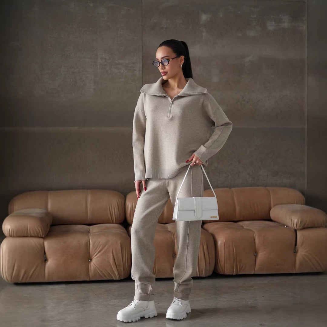 Damen elegantes Sweatshirt- und Jogginghose-Set mit hohem Kragen und Reißverschluss Drune