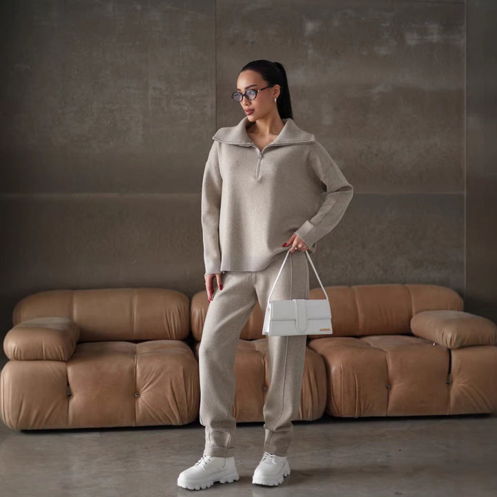Damen elegantes Sweatshirt- und Jogginghose-Set mit hohem Kragen und Reißverschluss Drune