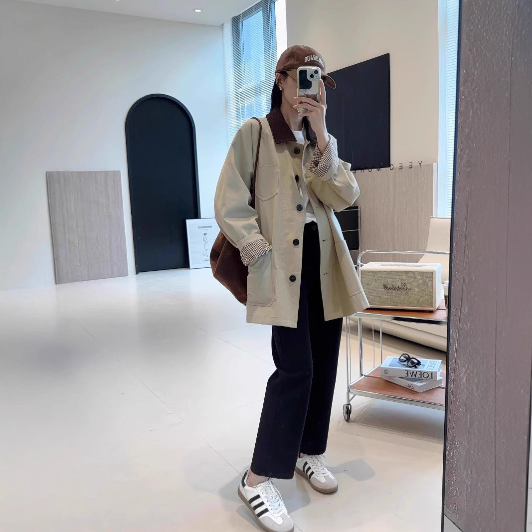 Damen Modische Oversized-Jacke mit kontrastierendem Kragen Drune