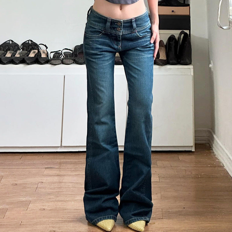 Damen Low-Rise Bootcut-Jeans mit doppelter Knopfleiste und extra weitem Schlag Drune