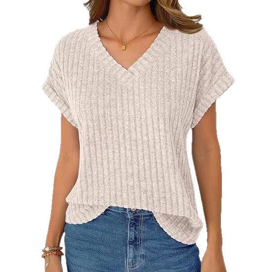 Damen lässiges V-Ausschnitt T-Shirt mit Streifenstruktur Drune