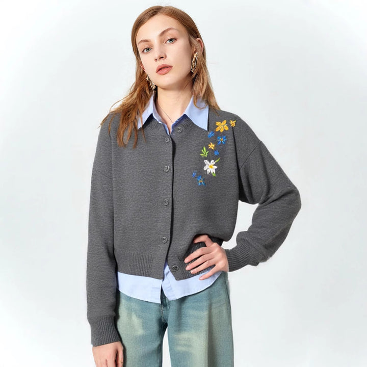 Damen lässiger Pullover mit floralem Stickdesign und weitem Schnitt Drune