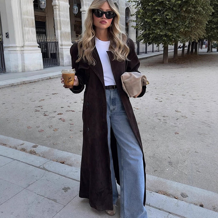 Damen Langer Velours-Trenchcoat mit Bindegürtel und Reverskragen Drune