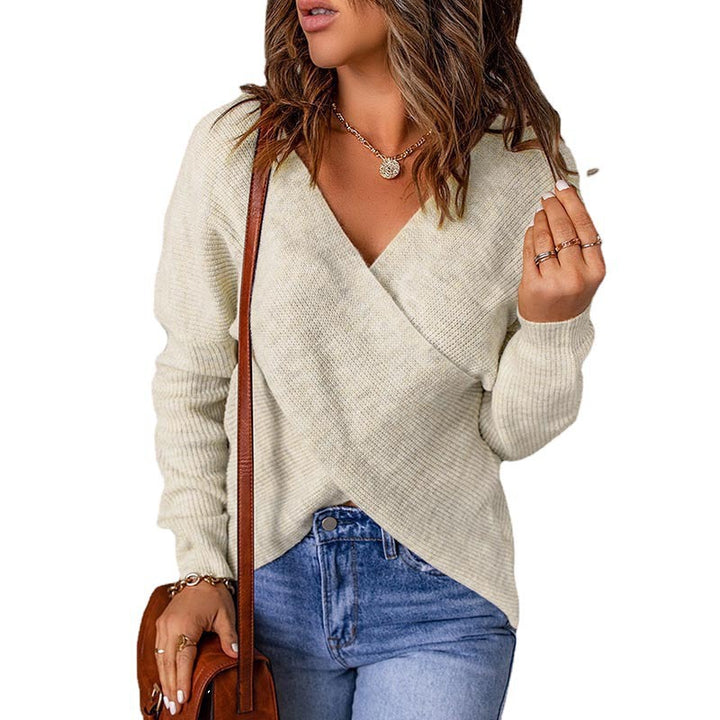 Damen lässiger Wickel-Pullover mit tiefem V-Ausschnitt und strukturiertem Gewebe Drune