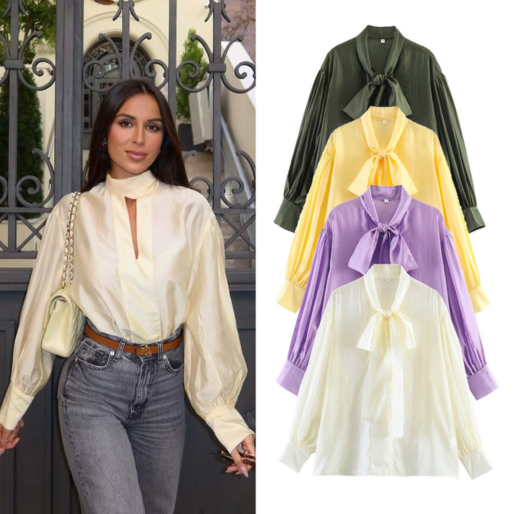 Damen Schluppenbluse aus Satin mit Ballonärmeln und weiter Passform Drune