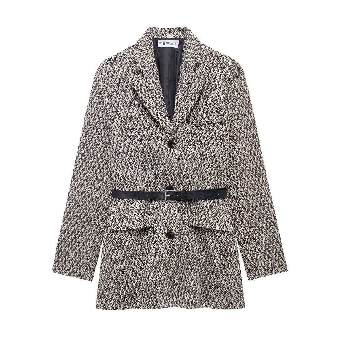 Damen Midilanger Bouclé-Tweed-Blazerjacke mit Lederimitat‑Gürtel Drune