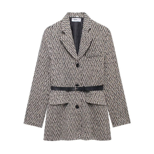 Damen Midilanger Bouclé-Tweed-Blazerjacke mit Lederimitat‑Gürtel Drune