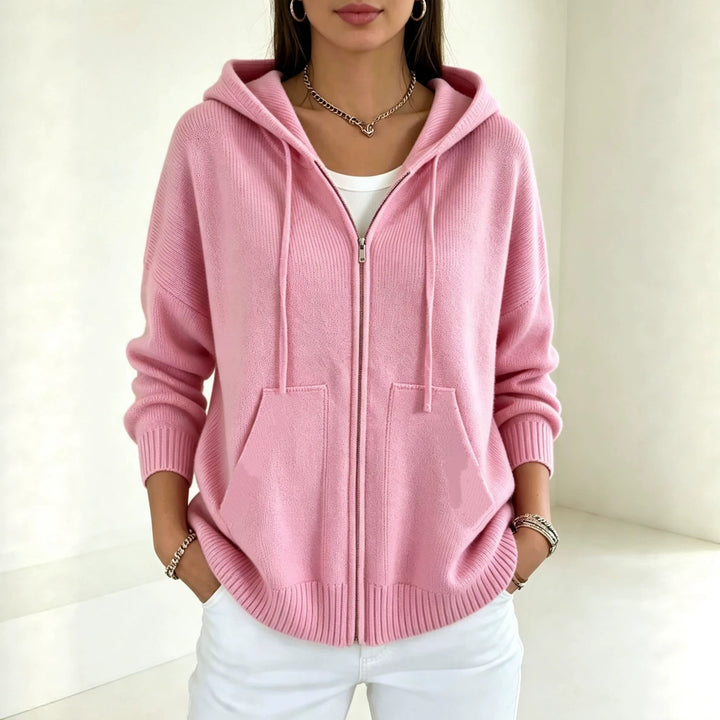Damen Kapuzen-Wollmix Zip-Cardigan mit kastiger Passform und Kängurutaschen Drune